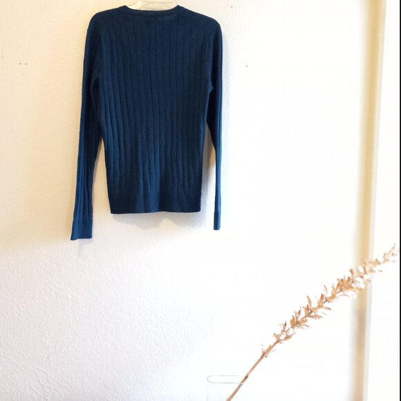 Dark Teal Merino Wool Blend V Neck Sweater 90s Minimalist Academia Classic - Picture 5 of 14